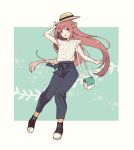  1girl bag black_pants blouse boots brown_eyes brown_hair casual commentary_request contemporary cross-laced_footwear full_body hat kamikaze_(kantai_collection) kantai_collection lace-up_boots long_hair looking_at_viewer multicolored multicolored_background pants shakemi_(sake_mgmgmg) smile solo unmoving_pattern white_blouse 