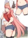  1girl ass bangs black_legwear blue_shorts blush bra breasts casual circe_(fate/grand_order) commentary_request contrapposto cropped_legs denim denim_shorts eyebrows_visible_through_hair fan fate/grand_order fate_(series) from_behind green_eyes hand_on_hip head_wings indoors lifted_by_self long_hair looking_at_viewer medium_breasts multicolored multicolored_eyes multiple_views navel parted_lips pink_eyes pink_hair pointy_ears red_shirt shirt shirt_lift shirt_pull shiseki_hirame short_shorts short_sleeves shorts sidelocks sweat thighhighs thighs underwear v-shaped_eyebrows very_long_hair white_bra white_wings wind wings 