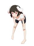 1girl :3 alternate_costume animal_ears bare_shoulders bent_over bike_shorts black_hair bunny_ears bunny_tail cato_(monocatienus) commentary_request full_body hands_on_own_knees inaba_tewi looking_at_viewer red_eyes short_hair short_sleeves simple_background smile solo tail touhou white_background 