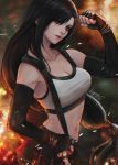  1girl bare_shoulders black_hair black_skirt breasts brown_eyes cleavage clenched_hand earrings elbow_gloves final_fantasy final_fantasy_vii final_fantasy_vii_remake fingerless_gloves gloves hand_on_hip jewelry kaejunni large_breasts long_hair looking_at_viewer low-tied_long_hair midriff navel parted_lips pencil_skirt shirt skirt suspender_skirt suspenders tank_top taut_clothes taut_shirt tifa_lockhart very_long_hair 