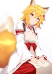  1girl animal_ear_fluff animal_ears blonde_hair caburi_cat closed_mouth eyebrows_visible_through_hair fox_ears fox_tail hair_ornament japanese_clothes long_sleeves looking_at_viewer senko_(sewayaki_kitsune_no_senko-san) sewayaki_kitsune_no_senko-san short_hair sitting smile solo tail wariza yellow_eyes 