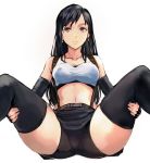  1girl bare_shoulders belt black_hair black_shorts black_skirt breasts brown_eyes commentary_request earrings final_fantasy final_fantasy_vii final_fantasy_vii_remake fingerless_gloves gloves jewelry large_breasts long_hair midriff miniskirt navel parted_lips pencil_skirt shirt shorts skirt spread_legs suspender_skirt suspenders tank_top taut_clothes taut_shirt thighhighs thighs tifa_lockhart yuya 