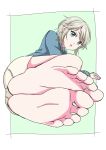  1girl anastasia_(idolmaster) barefoot blue_eyes blush eyebrows_visible_through_hair feet highres idolmaster idolmaster_cinderella_girls image_sample leafar looking_at_viewer no_shoes open_mouth pov_feet short_hair silver_hair soles toes twitter_sample 