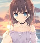  1girl bangs bare_shoulders black_choker blue_eyes breasts brown_hair choker closed_mouth cloud cloudy_sky collarbone commentary_request dated dress eyebrows_visible_through_hair grey_dress hair_ornament horizon hoshi_(snacherubi) knee_up long_hair looking_at_viewer ocean off-shoulder_dress off_shoulder one_side_up original outdoors puffy_short_sleeves puffy_sleeves short_sleeves signature sky small_breasts solo sun sunset upper_body water wavy_mouth x_hair_ornament 