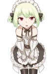  1boy absurdres alternate_costume apron bunngaku_mayuge earrings enmaided frills green_hair highres jewelry lio_fotia looking looking_at_viewer maid maid_apron maid_headdress male_focus open_mouth promare puffy_sleeves purple_eyes waist_apron 