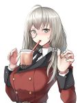  1girl ahoge bangs black_neckwear blush breasts brown_eyes bubble_tea cup disposable_cup drinking_straw eyebrows_visible_through_hair girls_frontline grey_hair hair_between_eyes helianthus_(girls_frontline) highres large_breasts long_hair long_sleeves looking_at_viewer military military_uniform monocle necktie object_on_breast simple_background solo sweatdrop take_(trude1945oneetyan) tawawa_challenge uniform upper_body white_background 