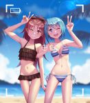  2girls ;d arm_up ass_visible_through_thighs bangs bare_arms bare_shoulders beach bikini black_bikini black_ribbon blue_bikini blue_eyes blue_hair blue_sky blurry blurry_background blush breasts cloud collarbone commentary_request cowboy_shot day du_mogu eyebrows_visible_through_hair frilled_bikini frills front-tie_bikini front-tie_top grin groin hair_ornament hair_ribbon halterneck highres lens_flare long_hair looking_at_viewer mahou_shoujo_madoka_magica medium_breasts miki_sayaka multiple_girls navel ocean one_eye_closed open_mouth outdoors palm_tree red_eyes red_hair ribbon sakura_kyouko short_hair side-tie_bikini sky smile standing stomach striped striped_bikini swimsuit thighs tree v white_bikini 