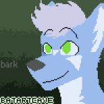  1:1 animated anthro barking batartcave black_nose blue_fur canid canine digital_media_(artwork) eyebrow_through_hair eyebrows fur green_eyes grey_hair hair loop low_res male mammal onomatopoeia pink_tongue pixel_(artwork) pixel_animation solo sound_effects tongue translucent translucent_hair 