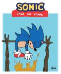  blue_fur clothing colored dark_humor death eulipotyphlan fire flat_colors footwear french_text fur gloves handwear hedgehog humor mammal roasting shoes sonic_(series) sonic_the_hedgehog text 