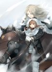  2girls absurdres animal_ears blonde_hair blush brown_gloves brown_hair clare_(claymore) claymore fur_trim gloves green_eyes highres holding_reins horse horse_ears horseback_riding kumako_(pixiv4171671) long_hair multiple_girls open_mouth reins riding silver_eyes teresa_(claymore) white_background wind wind_lift 