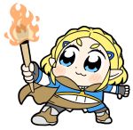 1girl :3 bkub blonde_hair blue_eyes blush_stickers boots braid cloak commentary dot_nose fingerless_gloves fire gloves hair_ornament hairclip holding_torch light_blush looking_to_the_side pants pointy_ears princess_zelda short_hair simple_background solo standing the_legend_of_zelda the_legend_of_zelda:_breath_of_the_wild the_legend_of_zelda:_breath_of_the_wild_2 white_background 