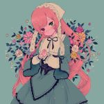  1girl black_ribbon blue_background blush closed_mouth dress flower frills green_dress green_eyes hairband heterochromia highres holding_hands lolita_fashion long_hair long_sleeves looking_at_viewer maumaumooo plant red_eyes ribbon rozen_maiden solo suigintou vines 
