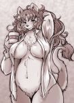  2019 anthro big_breasts breasts cheek_tuft chest_tuft clothed clothing crotch_tuft felid female hair holding_cup holding_object kemono lion long_hair looking_at_viewer mammal monochrome navel nipple_outline open_shirt pantherine setouchi_kurage smile solo tail_tuft tuft wavy_hair 