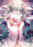  1girl absurdres aqua_eyes aqua_hair chinese_clothes chuushuu_meigetsu_miku commentary covering_mouth fan fan_over_face floral_print flower ggatip hagoromo hair_flower hair_ornament half-closed_eyes hatsune_miku highres huge_filesize long_hair looking_at_viewer moon night paper_fan rose shawl sky solo star_(sky) starry_sky tassel twintails uchiwa upper_body very_long_hair vocaloid wide_sleeves 