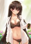  1girl ashfair black_bra black_hair black_panties blush bra breasts can canned_coffee cleavage collarbone curtains dress_shirt flower large_breasts long_hair long_sleeves no_pants original panties red_eyes rose shirt solo sweat underwear very_long_hair 