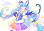  1girl ;d animal_ears blue_cat blue_choker blue_gloves blue_hair cat_ears cat_tail choker cure_cosmo earrings eyebrows_visible_through_hair gloves hand_on_hip hat jewelry long_hair looking_at_viewer magical_girl mini_hat multicolored multicolored_clothes multicolored_skirt one_eye_closed open_mouth orange_eyes precure skirt smile solo spoilers star_twinkle_precure suyamii tail twintails very_long_hair 
