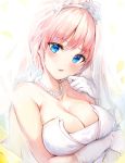  1girl arm_under_breasts bangs bare_shoulders blue_eyes blush breasts bridal_veil cleavage commentary_request dress gloves go-toubun_no_hanayome hair_between_eyes jewelry large_breasts looking_at_viewer nakano_ichika narae necklace parted_lips pink_hair short_hair solo veil wedding_dress white_gloves 