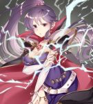  1girl belt breasts bridal_gauntlets cape cleavage closed_mouth earrings fire_emblem fire_emblem:_seisen_no_keifu gem haru_(nakajou-28) ishtar_(fire_emblem) jewelry large_breasts lightning long_hair ponytail purple_eyes purple_hair shoulder_armor side_ponytail solo 