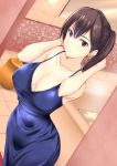  1girl alternate_costume bathroom blue_dress breasts brown_eyes brown_hair closed_mouth commentary_request dress hair_between_eyes kaga_(kantai_collection) kantai_collection kuurunaitsu large_breasts long_dress long_hair looking_at_viewer mirror side_ponytail solo 