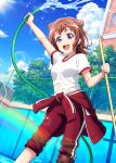  1girl :d arm_up bang_dream! blue_sky broom brown_hair clothes_around_waist cloud day empty_pool holding holding_broom holding_hose hose ink_(pixiv25450915) jacket jacket_around_waist leaning_forward looking_at_viewer open_mouth outdoors pants purple_eyes red_jacket red_pants shiny shiny_hair shirt short_hair short_sleeves sky smile solo toyama_kasumi track_jacket track_pants wet wet_clothes wet_shirt white_shirt 