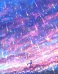  1girl arms_up cloud dutch_angle field flower flower_field lens_flare light_particles long_hair looking_up original purple_hair rain sakimori_(hououbds) scenery solo sparkle standing very_long_hair 
