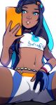  1girl aqua_eyes aqua_hair belly_chain black_hair breasts cellphone commentary dark_skin dave_cheung earrings english_commentary gloves hair_ornament hairclip highres holding holding_phone hoop_earrings jewelry lips long_hair looking_to_the_side medium_breasts mirror_image multicolored_hair navel necklace nose phone pokemon pokemon_(game) pokemon_swsh rurina_(pokemon) self_shot single_glove sitting smartphone solo spread_legs spread_pussy_under_clothes swimsuit taking_picture tankini two-tone_hair white_background 
