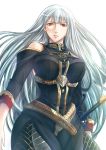  1girl bangs bare_shoulders breasts closed_mouth commentary_request large_breasts long_hair military military_uniform red_eyes selvaria_bles senjou_no_valkyria senjou_no_valkyria_1 sheath sheathed silver_hair solo sword uniform urako_(seiga) weapon wide_hips 