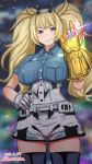  1girl avengers avengers:_infinity_war blonde_hair blue_eyes blue_shirt breast_pocket breasts collared_shirt commentary_request cowboy_shot gambier_bay_(kantai_collection) gloves hair_between_eyes hairband infinity_gauntlet kantai_collection katou_techu large_breasts looking_at_viewer marvel multicolored multicolored_clothes multicolored_gloves night night_sky pocket shirt shorts sky solo thanos thighhighs twintails white_legwear 