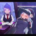  2girls arm_on_head bangs bar bartender beret black_headwear black_legwear blunt_bangs blush collared_shirt crossed_arms cup drooling drunk full-face_blush girls_frontline glint goggles goggles_around_neck hat highres hk416_(girls_frontline) jacket jill_stingray long_hair long_sleeves multiple_girls narynn necktie ponytail purple_hair purple_vest red_eyes red_neckwear shirt sidelocks silver_hair sweatdrop swept_bangs va-11_hall-a vest white_shirt 