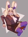  anthro blonde_hair breasts clothed clothing female flashing hair hi_res junebuq lagomorph leporid looking_at_viewer mammal nipples rabbit sitting smile solo 
