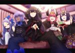  5girls bangs black_cape black_dress black_hair black_kimono blue_dress blue_eyes blue_hair blue_neckwear blurry bow bowtie breasts brown_footwear brown_hair cape circe_(fate/grand_order) collarbone commentary_request couch cup depth_of_field diadem dress earrings eyebrows_visible_through_hair fate/apocrypha fate/grand_order fate/prototype fate/prototype:_fragments_of_blue_and_silver fate_(series) floral_print from_below green_legwear grimace hair_between_eyes hair_bow hair_ornament hassan_of_serenity_(fate) head_tilt head_wings highres index_finger_raised indoors japanese_clothes jewelry kimono lavender_hair leg_hug letterboxed long_hair long_sleeves looking_at_viewer medium_breasts multiple_girls off_shoulder oni_horns pantyhose parted_bangs pink_hair ponytail purple_eyes reaching_out red_eyes red_nails sakazuki semiramis_(fate) shirt short_hair shuten_douji_(fate/grand_order) sitting skull_necklace smile tunic very_long_hair white_legwear white_shirt wu_zetian_(fate/grand_order) yellow_eyes yuurei447 