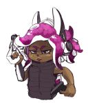  2019 absurd_res ambiguous_gender angry animal_humanoid armwear bunihud cephalopod cephalopod_humanoid clothed clothing dark_skin eyelashes grey_eyes gun half-closed_eyes handgun headphones hi_res holding_object holding_weapon humanoid jacket marine marine_humanoid mollusk mollusk_humanoid nintendo octarian octoling ranged_weapon solo splatoon tentacle_hair tentacles topwear vein video_games weapon 