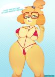  animal_crossing bikini biped breasts camel_toe canid canine canis clothing dialogue domestic_dog english_text female front_view fur hi_res hotkeke1 isabelle_(animal_crossing) mammal nintendo nipple_outline pattern_background portrait red_clothing red_underwear shih_tzu simple_background solo standing swimwear text three-quarter_portrait toy_dog underwear video_games wide_hips yellow_fur 