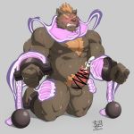  2019 anthro asphyxiation balls barghest_(tas) blush bodily_fluids body_hair brown_fur chain chest_hair choking cum eyes_closed fur genital_fluids hi_res male mammal muscular muscular_male nipples pecs penis pubes scar signature solo subaru_aotk submissive_male tokyo_afterschool_summoners ursid video_games 