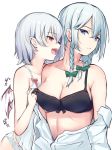  2girls :d bangs bare_arms bare_shoulders bat_wings black_bra blue_eyes blush borushichi bow bra braid breasts camisole cleavage collarbone commentary_request eyebrows_visible_through_hair fangs green_bow hair_between_eyes highres izayoi_sakuya long_sleeves looking_at_another medium_breasts mini_wings multiple_girls no_hat no_headwear off_shoulder open_mouth panties pointy_ears red_eyes remilia_scarlet shirt short_hair silver_hair simple_background smile touhou twin_braids underwear upper_body white_background white_panties white_shirt wings yuri 