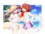  2girls :d ;d ahoge beach bikini bikini_skirt breasts brown_hair cleavage collarbone day eyewear_on_head fate/grand_order fate_(series) flower fujimaru_ritsuka_(female) hair_ornament hair_over_one_eye hair_scrunchie hat hat_ribbon hibiscus holding holding_innertube innertube looking_at_viewer looking_back marei_(mercy) mash_kyrielight medium_breasts medium_hair miniskirt multiple_girls ocean one_eye_closed open_mouth outdoors palm_tree purple_eyes purple_hair red_flower ribbon scrunchie short_hair side_ponytail skirt smile standing straw_hat sun_hat sunglasses swimsuit tree white-framed_eyewear white_bikini white_bikini_top white_ribbon yellow_eyes 