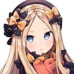  1girl abigail_williams_(fate/grand_order) bangs black_bow black_headwear blue_eyes bow fate/grand_order fate_(series) frown hair_bow hat holding holding_stuffed_animal looking_at_viewer multiple_hair_bows orange_bow parted_bangs polka_dot polka_dot_bow portrait simple_background solo ssumbi stuffed_animal stuffed_toy white_background 
