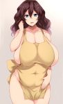  1girl apron bare_shoulders blue_eyes breasts brown_hair character_request collarbone commentary_request covered_navel curvy eyebrows_visible_through_hair hair_between_eyes hair_ornament highres hip_focus huge_breasts long_hair looking_at_viewer mature mole mole_under_mouth naked_apron open_mouth original parted_lips thighs tsukasawa_takamatsu x_hair_ornament 