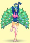  2019 absurd_res anthro avian beak bird blue_feathers bulge clothing crest feathers flamboyant galliform girly hi_res knucklebone lgbt_pride looking_at_viewer male midriff multicolored_clothing one_eye_closed one_leg_up open_beak open_mouth panties peacock_feather peafowl phasianid pink_eyes pride_colors rainbow rainbow_clothing rainbow_flag rainbow_flag_(pride) rainbow_symbol raised_leg slim solo tail_feathers talons underwear wink 