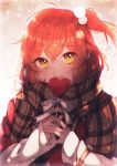  1girl absurdres brown_scarf closed_mouth eyebrows_visible_through_hair fate/grand_order fate_(series) fujimaru_ritsuka_(female) hair_bobbles hair_ornament highres holding long_sleeves looking_at_viewer marei_(mercy) one_side_up orange_hair plaid plaid_scarf ribbon scarf shiny shiny_hair short_hair smile solo upper_body white_ribbon yellow_eyes 
