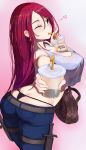  1girl ;o ass bag between_breasts breasts bubble_tea cleavage cowboy_shot crop_top dagger denim drink drinking_straw green_eyes heart highres jeans katarina_du_couteau large_breasts league_of_legends long_hair looking_at_another midriff one_eye_closed open_mouth outstretched_arm pants pao_mian+dan reaching_out red_hair scar scar_across_eye solo tawawa_challenge thong weapon 