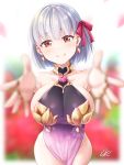  1girl bangs bare_shoulders blurry blurry_background blush breasts closed_mouth collarbone covered_navel dress earrings fate/grand_order fate_(series) flower hair_between_eyes hair_ribbon highres jewelry kama_(fate/grand_order) large_breasts looking_at_viewer lotus outstretched_arms petals purple_dress red_eyes red_ribbon ribbon ring short_hair silver_hair sleeveless sleeveless_dress smile solo zinzen 