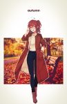  1girl :d absurdres adjusting_eyewear ahoge autumn black-framed_eyewear blue_pants boots brown_coat brown_eyes brown_footwear brown_hair coat fate/grand_order fate_(series) fujimaru_ritsuka_(female) full_body glasses hair_between_eyes hand_in_pocket highres looking_at_viewer marei_(mercy) open_clothes open_coat open_mouth pants short_hair side_ponytail smile solo standing sweater watch white_sweater wristwatch 