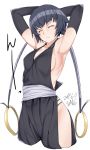  1girl armpits arms_up bleach blue_hair blush breasts closed_eyes dark_skin highres kuma_(jk0073) short_hair sideboob small_breasts solo sui-feng 