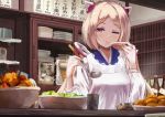  1girl aki_rosenthal_(character) apron blue_kimono bottle commentary cooking counter croquette cup drinking_glass floating_hair flyer hair_ornament holding_ladle hololive japanese_clothes kimono kitchen konkito ladle long_hair low_twintails one_eye_closed plate purple_eyes restaurant salad smile tasting twintails upper_body virtual_youtuber 