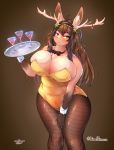  accessory ahoge alcohol anthro antlers beverage big_breasts bow_tie breasts brown_hair bunny_costume bustier cervid cervine chest_tuft cleavage clothed clothing cocktail cocktail_glass costume female fishnet fishnet_legwear gloves_(marking) hair hair_accessory hairband hi_res horn huge_breasts kemono legwear leotard long_hair mammal markings solo standing tetto tuft voluptuous wide_hips wrist_cuff yellow_eyes yellow_leotard 