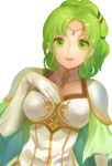  1girl cape commentary_request elbow_gloves fire_emblem fire_emblem:_seima_no_kouseki gloves green_eyes green_hair jurge l&#039;arachel parted_lips shoulder_armor simple_background solo upper_body white_background white_gloves 