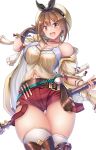  1girl :d atelier_(series) atelier_ryza belt breasts brown_eyes brown_gloves brown_hair brown_legwear cleavage denpa_(denpae29) eyebrows_visible_through_hair gloves hair_ornament hairclip hat looking_at_viewer medium_breasts open_mouth red_shorts reisalin_stout short_hair short_shorts shorts simple_background single_glove smile solo teeth thigh_gap thighhighs thighs upper_teeth white_background white_headwear white_legwear 