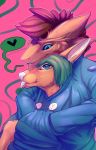  2019 anthro blue_eyes brown_hair canid clothed clothing deerelva digital_media_(artwork) elvche female fur green_hair hair hi_res hug male mammal pink_nose sergal smile snako tan_fur tongue 