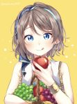  1girl :q apple basket blue_eyes blush bracelet commentary earrings food fruit grapes grey_hair hairband highres holding holding_basket holding_food holding_fruit jewelry licking_lips love_live! love_live!_sunshine!! makura_(makura0128) pear shirt short_hair sleeveless sleeveless_shirt solo tongue tongue_out twitter_username upper_body watanabe_you yellow_background 